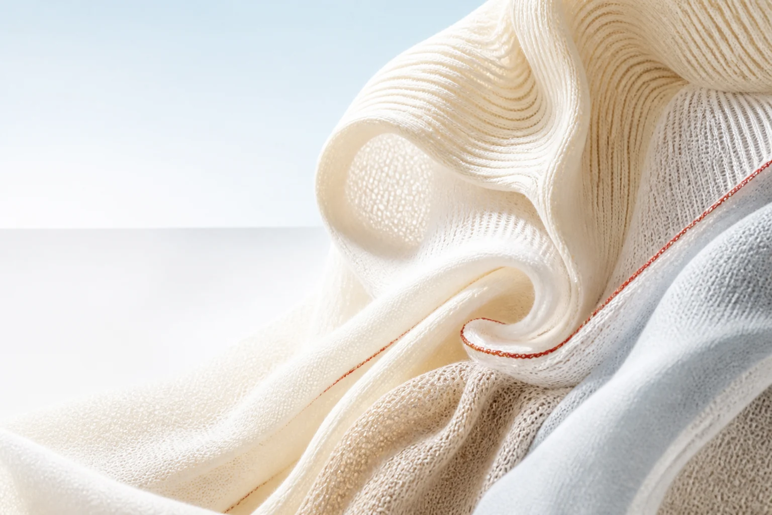 Luminous sculptural knit textile in ivory, ice blue and red